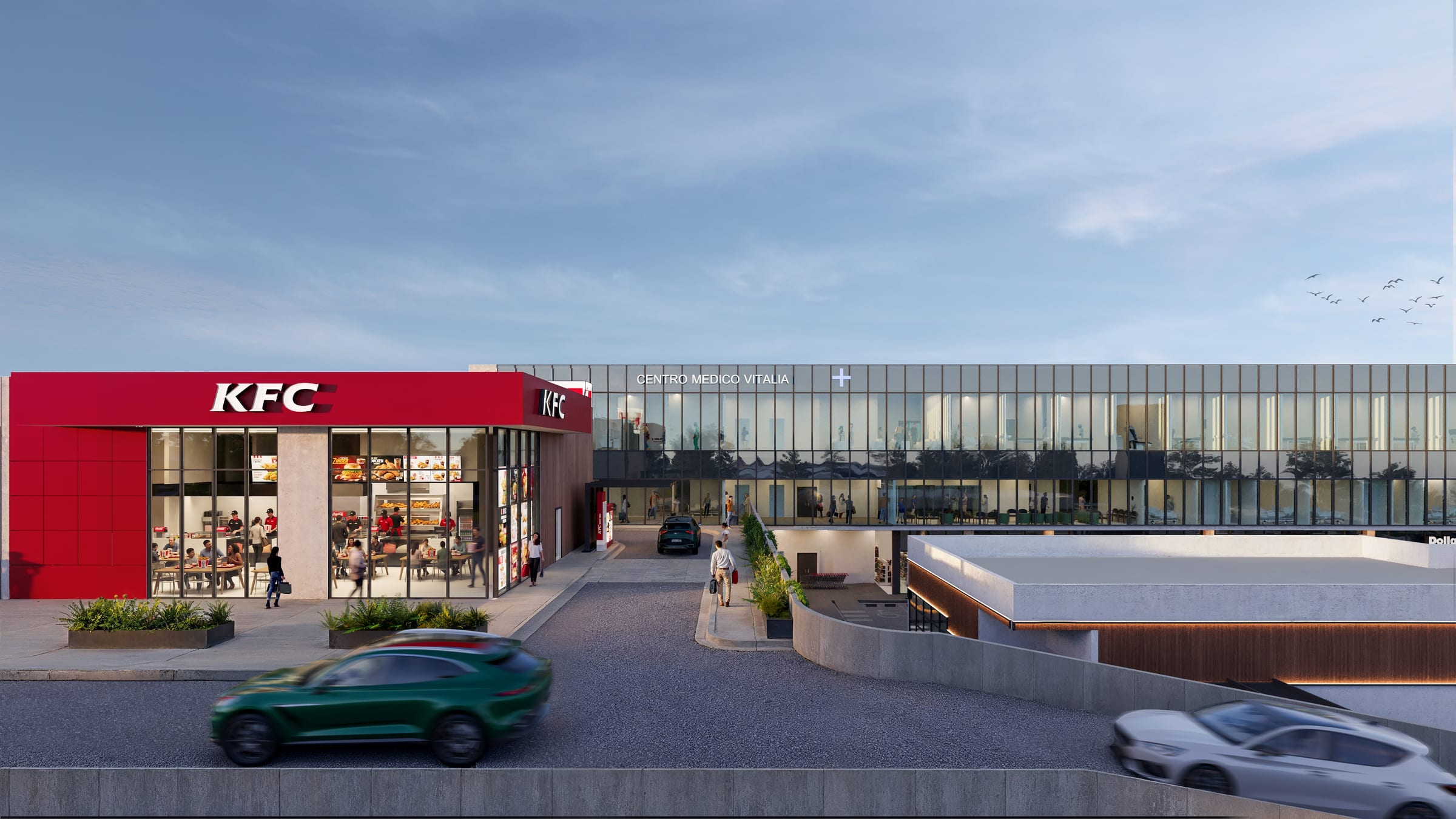 Plaza Vitalia · drive-thru y estacionamiento en planta baja